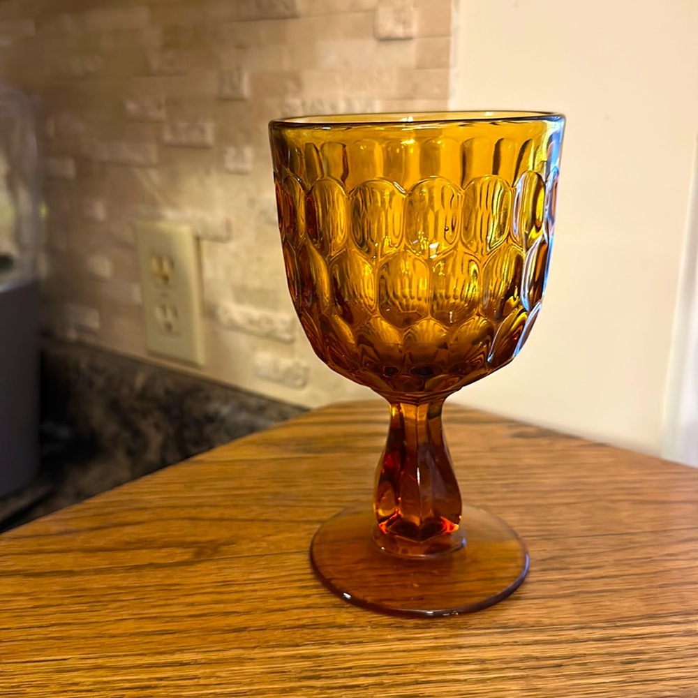 Vintage Fenton Amber Thumb Print Glass Pedestal Water Wine Stem Goblet 6.5"